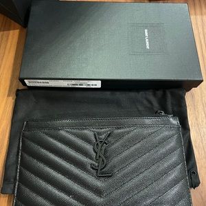 YSL Yves Saint Laurent Monogram Small Ziptop Bill Pouch in Grained Leather